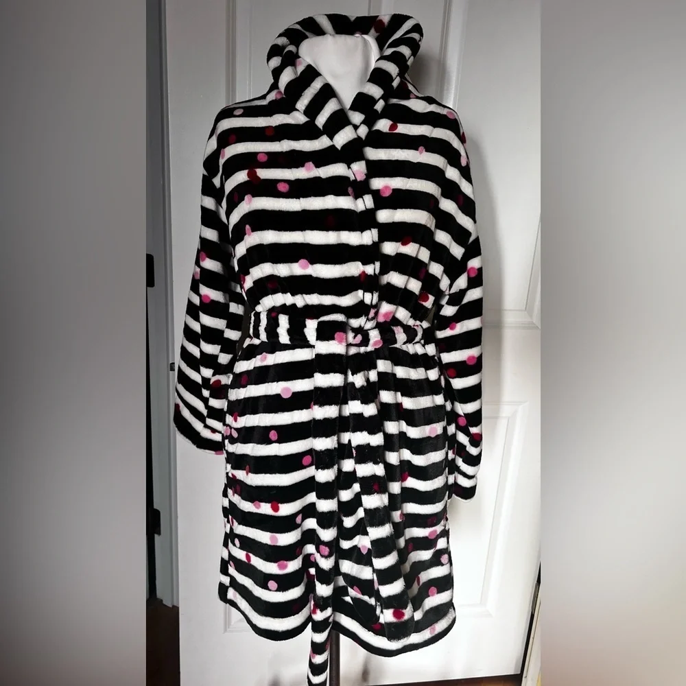NWT Kate Spade Stripe black white  Polka Dot Robe chenille plush size Xs/small